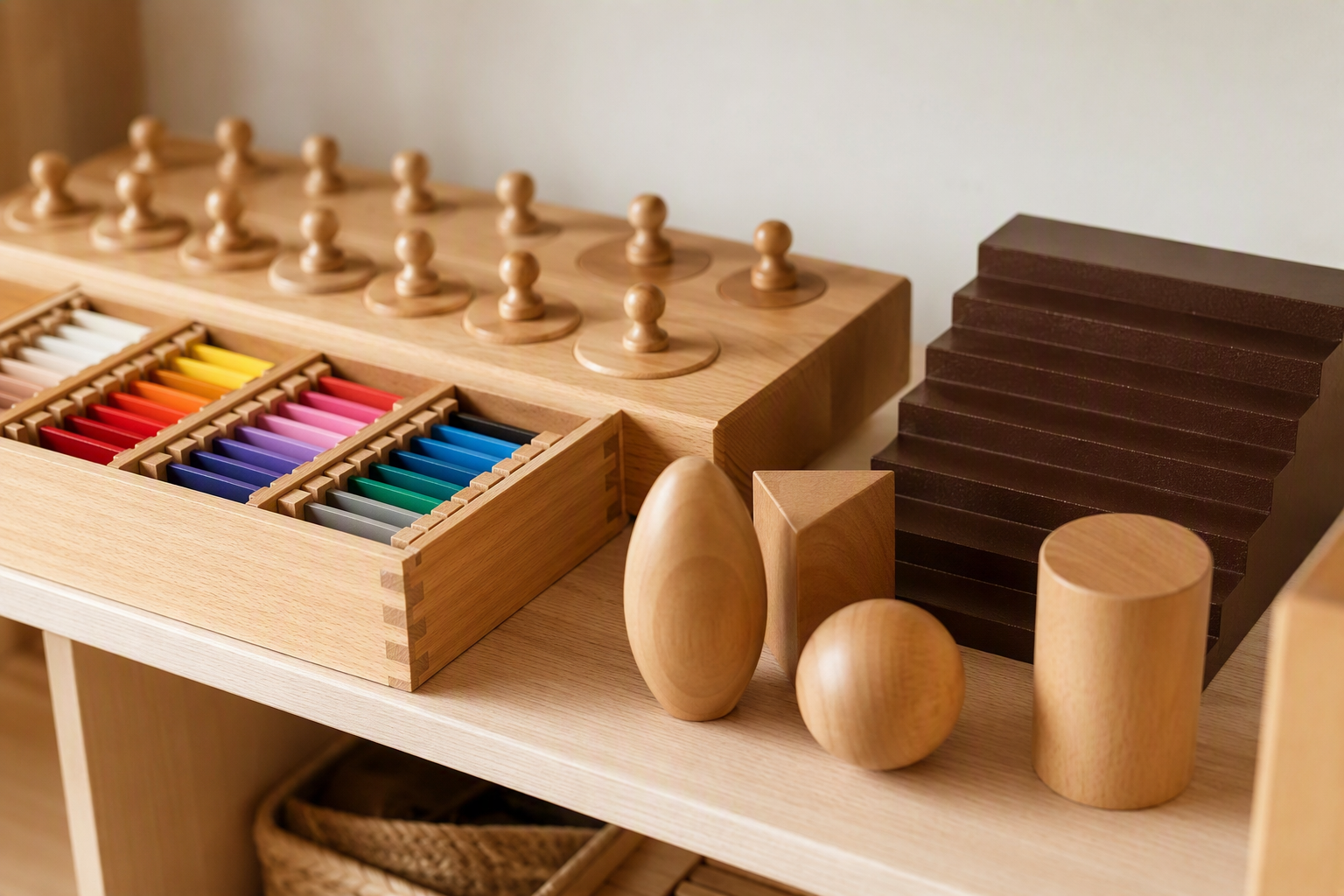 Beautiful wooden Montessori sensorial materials arranged on a shelf