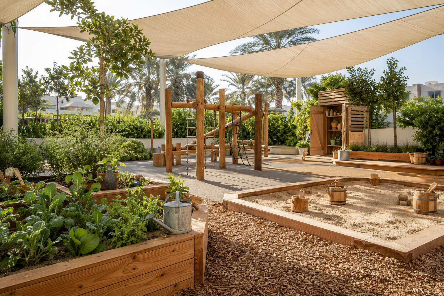 Children exploring the shaded outdoor garden and sensory play area